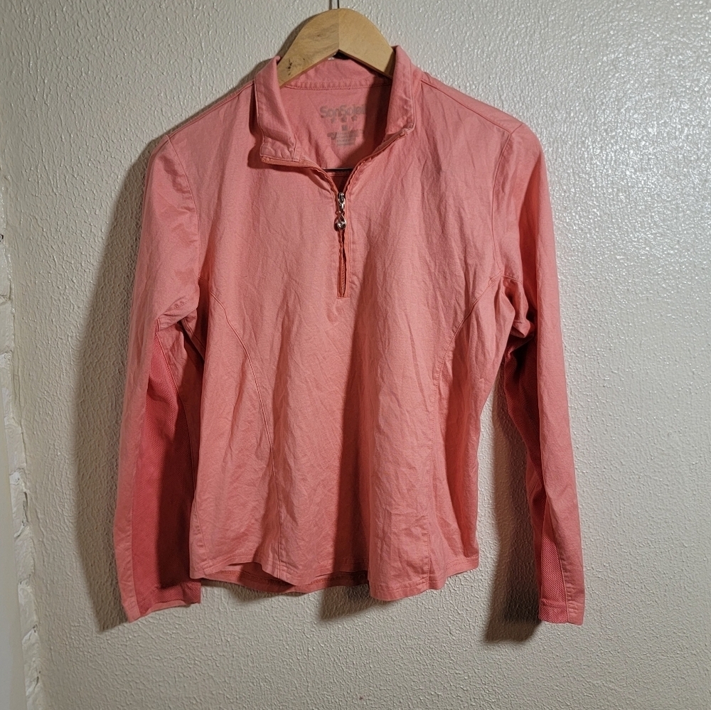 San Soleil 100% Cotton Rhinestone 1/4 Zip Mesh Panel Pullover sz M Coral UPF 50